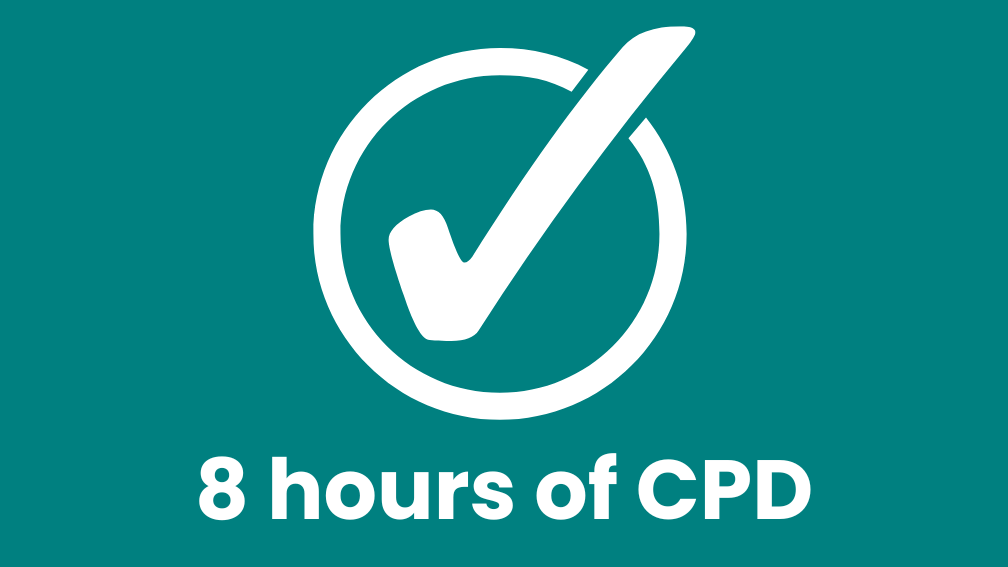 Green box with white tick indicating 8 hours of CPD
