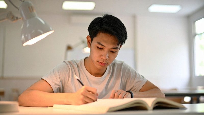 Man sitting at a desk writing into a notebook